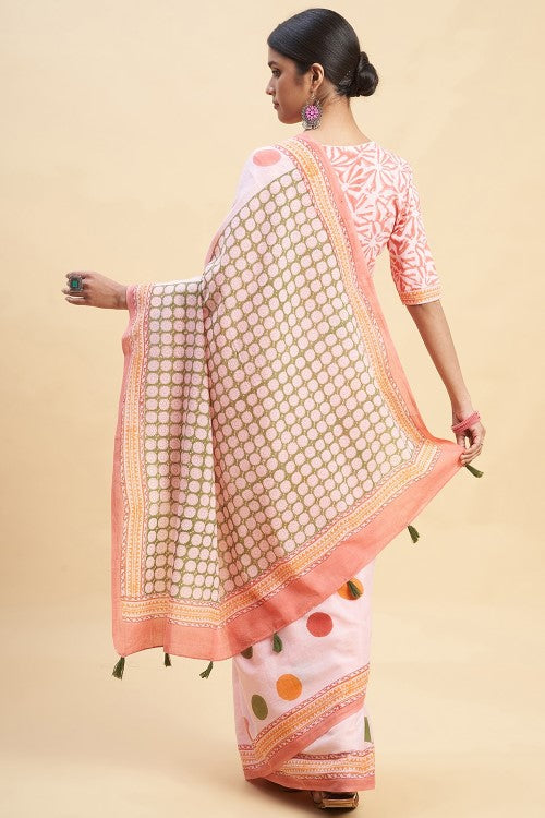 Sooti Syahi "Ocean Pink Pearls'' Block Printed Cotton Saree