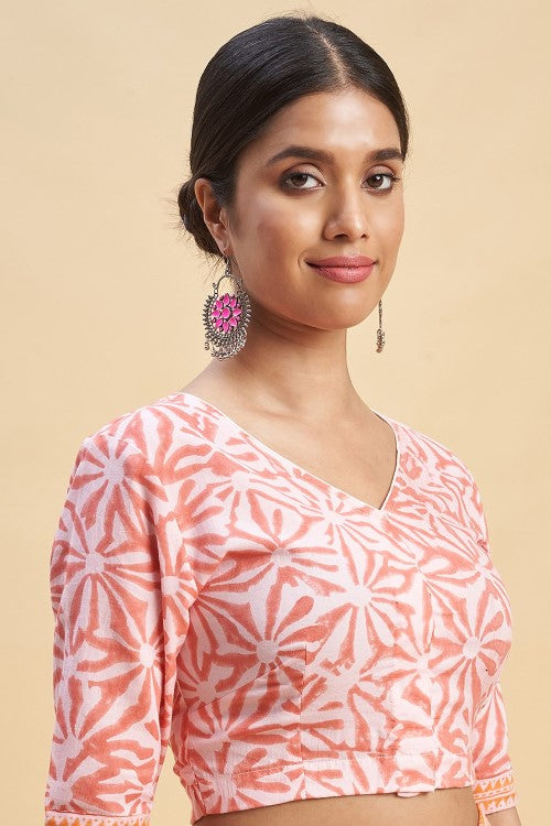Sooti Syahi "Ocean Pink Pearls'' Block Printed Cotton Saree