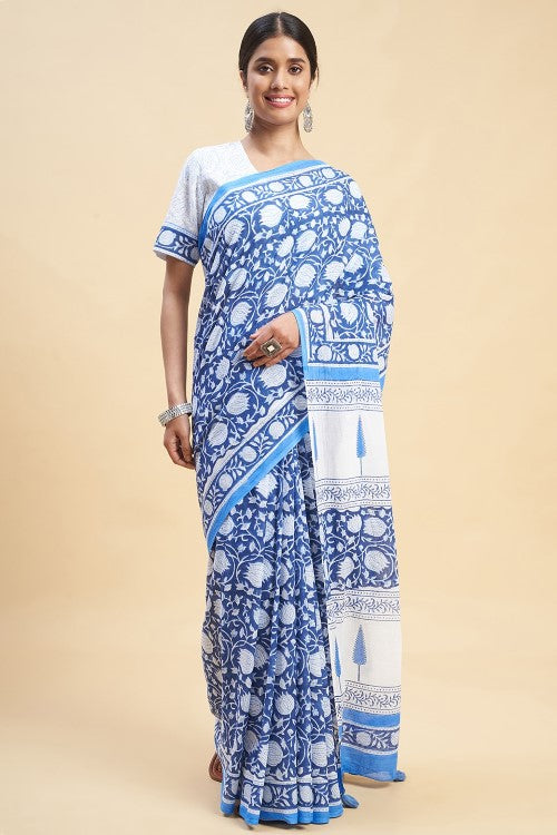 Sooti Syahi Botanical Blue Block Print Cotton Saree Online