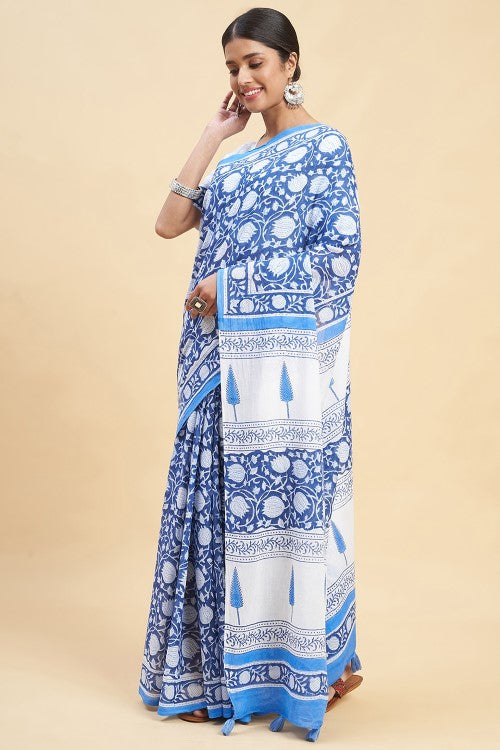 Sooti Syahi Botanical Blue Block Print Cotton Saree Online