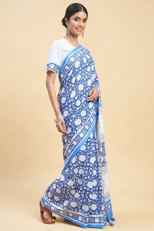 Sooti Syahi "Botanical Blue'' Block Printed Cotton Saree
