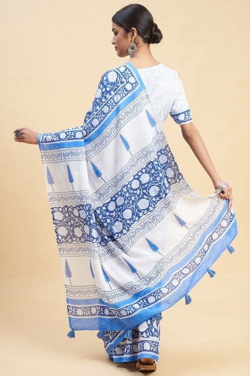 Sooti Syahi "Botanical Blue'' Block Printed Cotton Saree
