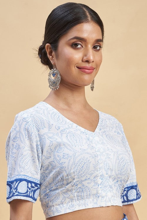 Sooti Syahi "Botanical Blue'' Block Printed Cotton Saree