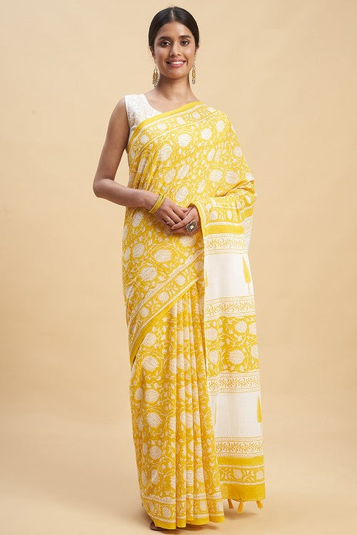 Sooti Syahi Botanical Yellow Block Print Cotton Saree Online