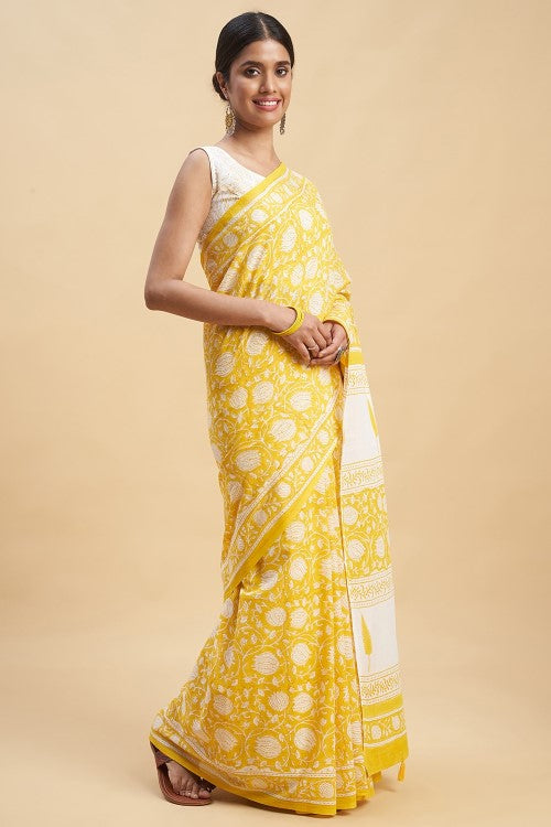 Sooti Syahi "Botanical Yellow'' Block Printed Cotton Saree