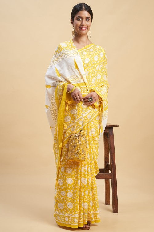 Sooti Syahi Botanical Yellow Block Print Cotton Saree Online
