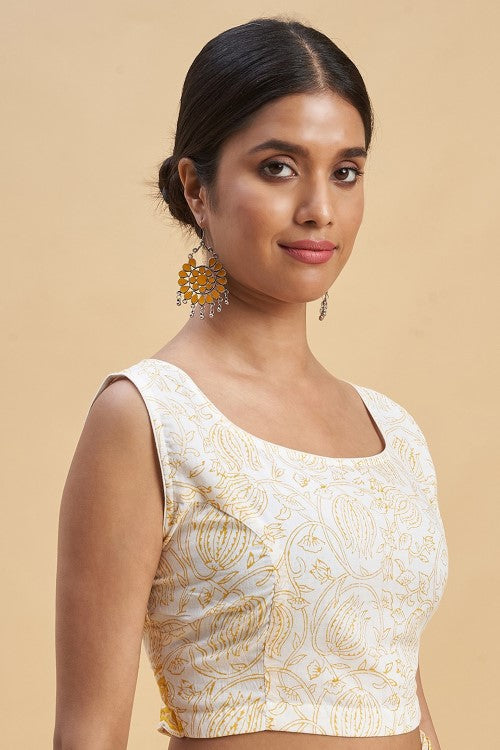 Sooti Syahi "Botanical Yellow'' Block Printed Cotton Saree
