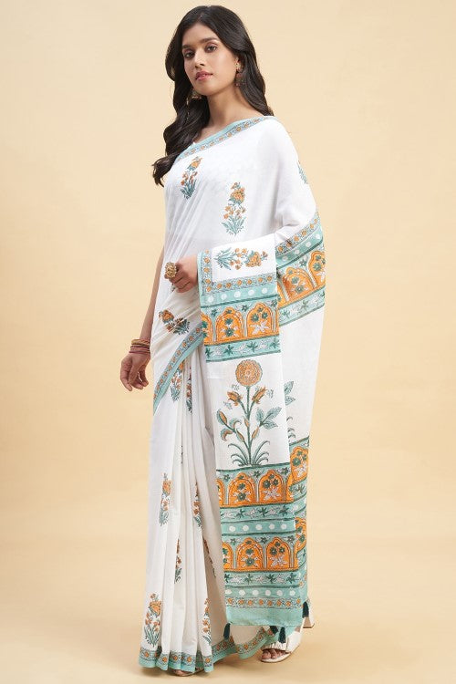 Sooti Syahi Zinna Orange Handblock Print Cotton Saree Online