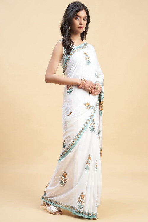 Sooti Syahi "Zinna Orange" Handblock Print Mul Cotton Saree