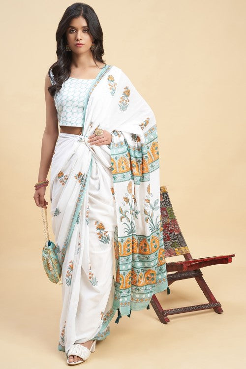 Sooti Syahi "Zinna Orange" Handblock Print Mul Cotton Saree