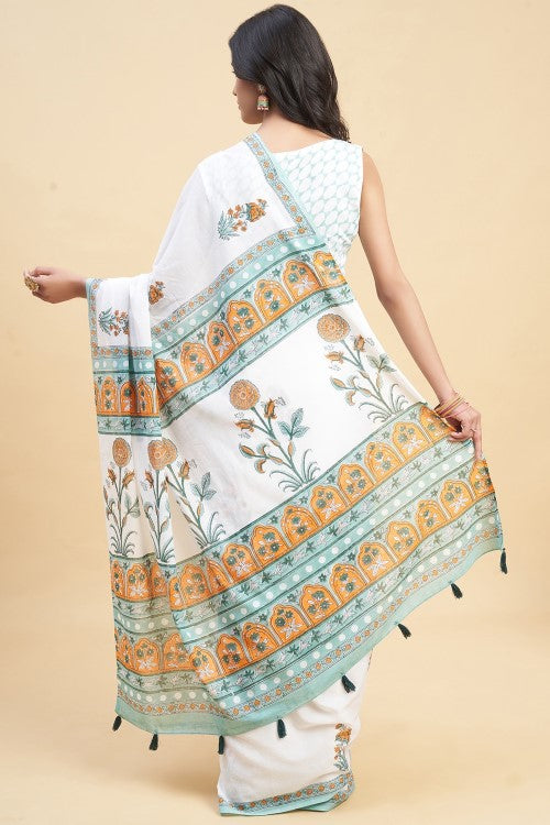Sooti Syahi "Zinna Orange" Handblock Print Mul Cotton Saree