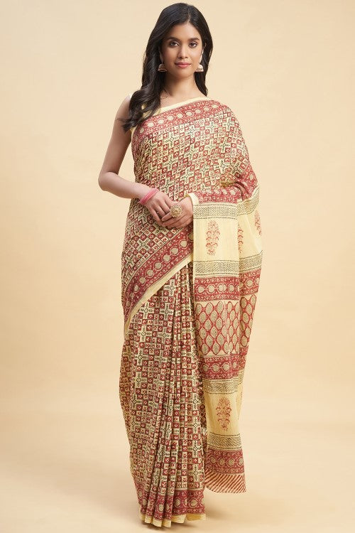 Sooti Syahi Arabica Handblock Print Cotton Saree Online