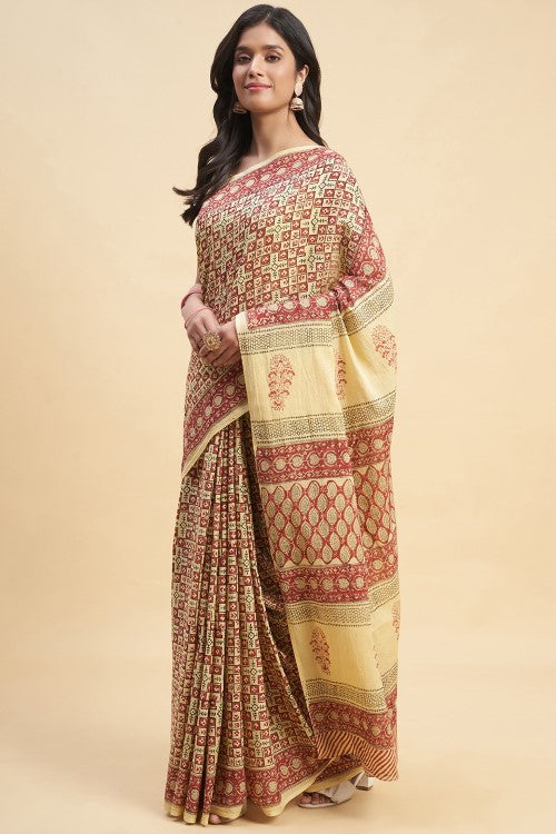 Sooti Syahi Arabica Handblock Print Cotton Saree Online