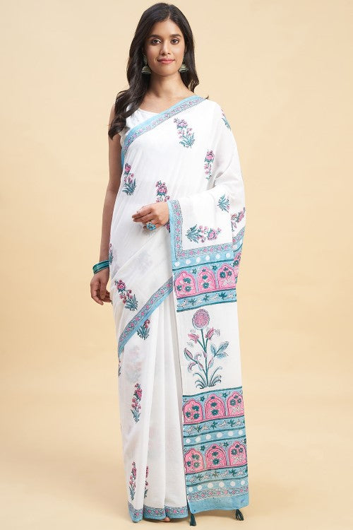 Sooti Syahi Zinna Pink Handblock Print Cotton Saree Online