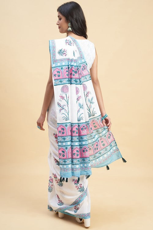 Sooti Syahi "Zinna Pink" Handblock Print Mul Cotton Saree