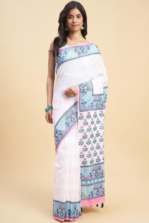 Sooti Syahi "Cherry Blossom" Handblock Print Mul Cotton Saree