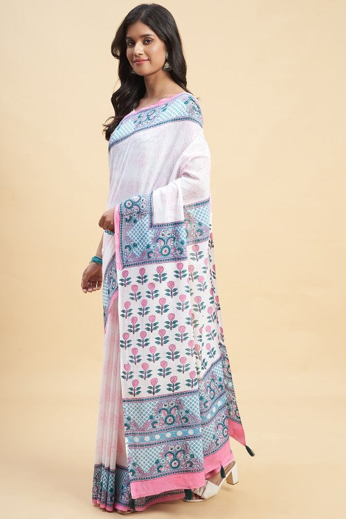 Sooti Syahi "Cherry Blossom" Handblock Print Mul Cotton Saree