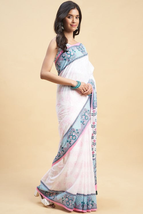 Sooti Syahi "Cherry Blossom" Handblock Print Mul Cotton Saree