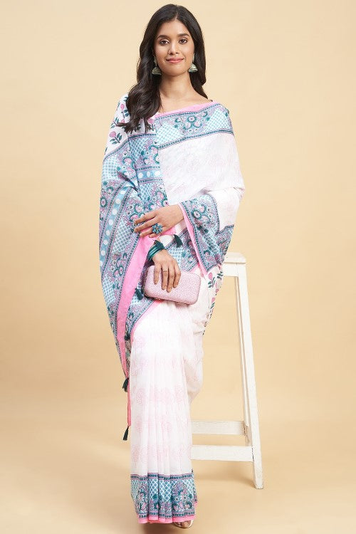 Sooti Syahi "Cherry Blossom" Handblock Print Mul Cotton Saree