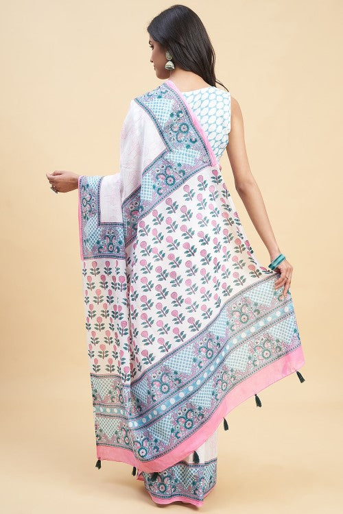 Sooti Syahi "Cherry Blossom" Handblock Print Mul Cotton Saree