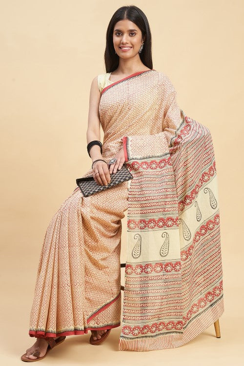 Sooti Syahi Robusta Block Print Cotton Saree Online