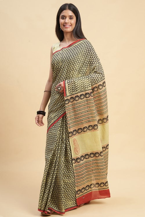 Sooti Syahi Liberica Block Print Cotton Saree Online