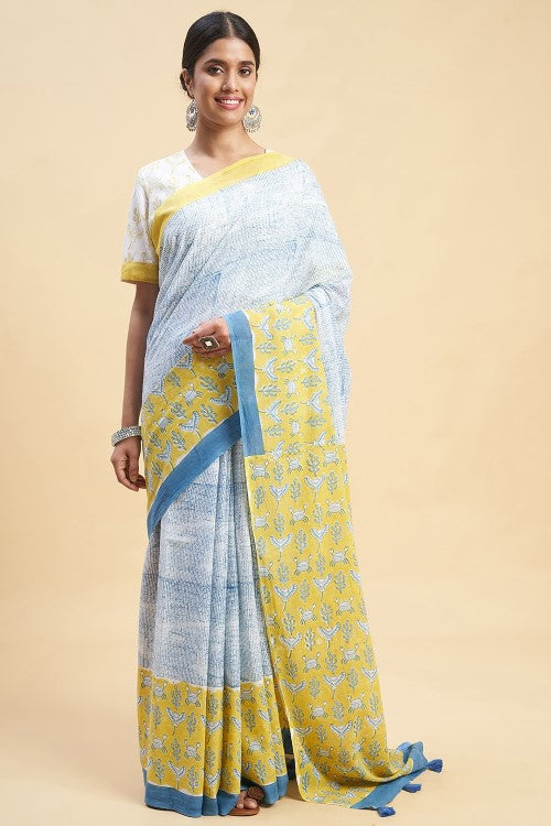 Sooti Syahi Fiddler Mustered Crab Block Print Cotton Saree Online