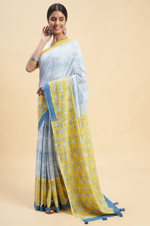Sooti Syahi Fiddler Mustered Crab Block Print Cotton Saree Online
