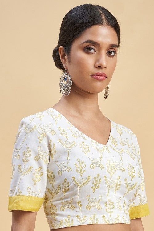 Sooti Syahi "Fiddler Mustered Crab'' Block Printed Cotton Saree