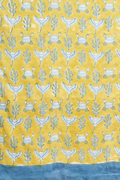 Sooti Syahi "Fiddler Mustered Crab'' Block Printed Cotton Saree