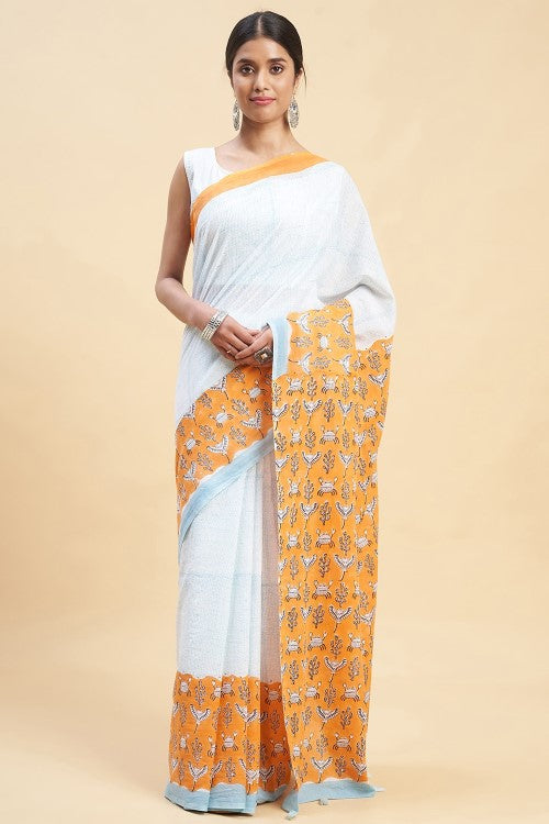 Sooti Syahi Fiddler Orange Crab Block Print Cotton Saree Online