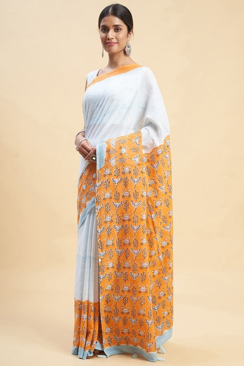 Sooti Syahi "Fiddler Orange Crab'' Block Printed Cotton Saree