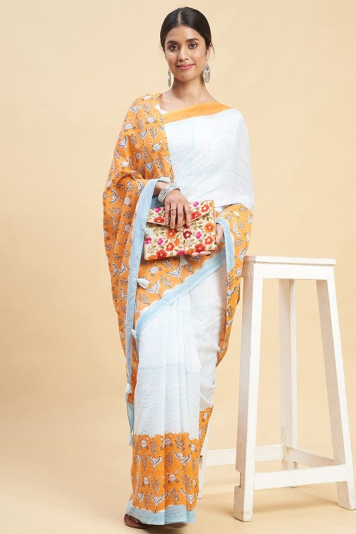 Sooti Syahi "Fiddler Orange Crab'' Block Printed Cotton Saree