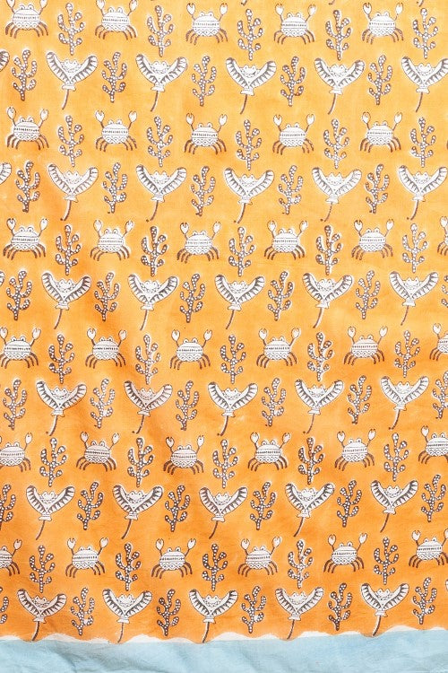Sooti Syahi "Fiddler Orange Crab'' Block Printed Cotton Saree