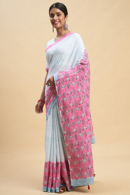 Sooti Syahi Fiddler Pink Crab Block Print Cotton Saree Online
