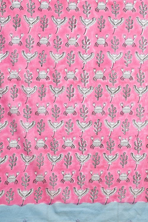 Sooti Syahi "Fiddler Pink Crab" Block Printed Cotton Saree