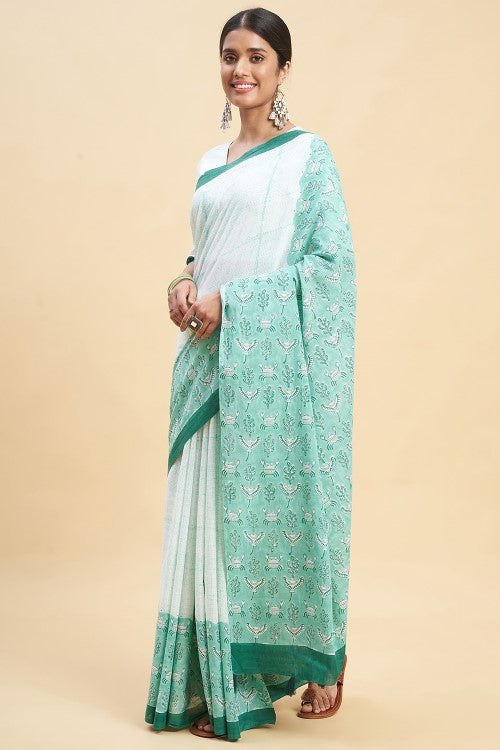 Sooti Syahi Fiddler Green Crab Block Print Cotton Saree Online