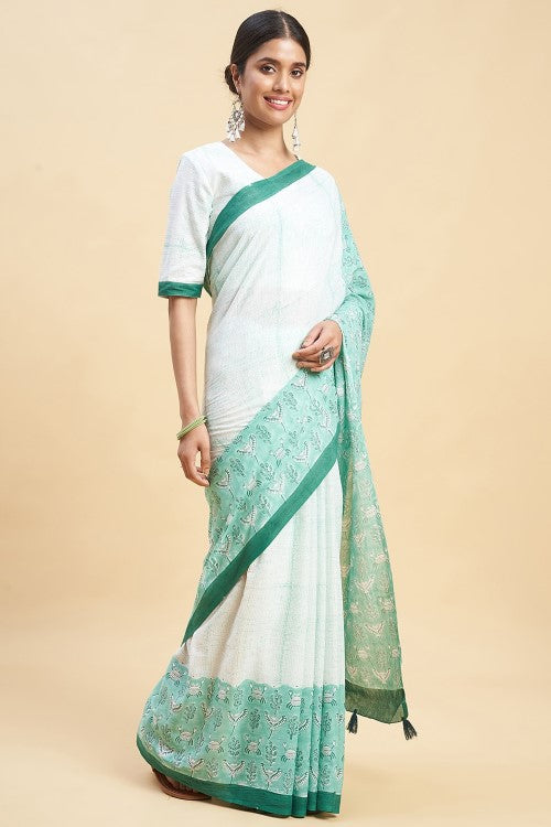 Sooti Syahi Fiddler Green Crab Block Print Cotton Saree Online