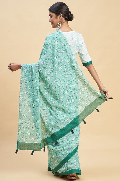 Sooti Syahi "Fiddler Green Crab'' Block Printed Cotton Saree