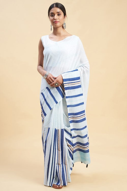 Sooti Syahi Candy Blue Stripes Block Print Cotton Saree Online