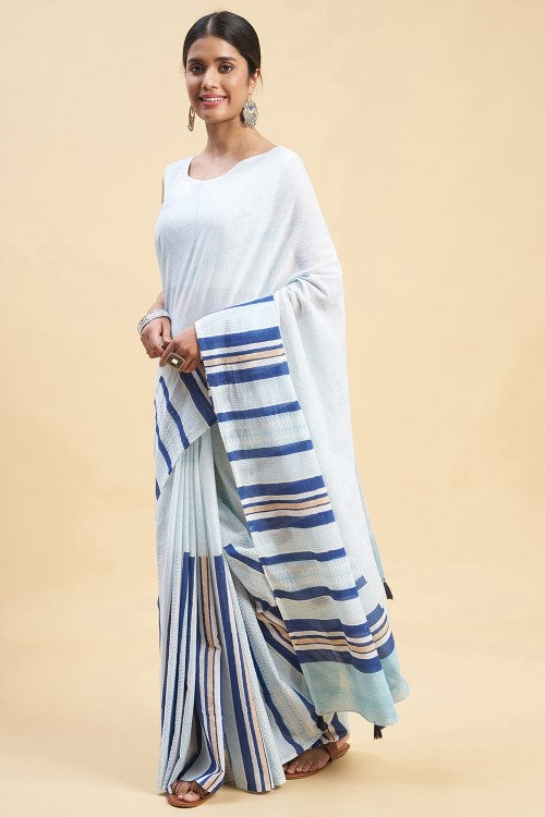 Sooti Syahi " Candy Blue Stripes'' Block Printed Cotton Saree