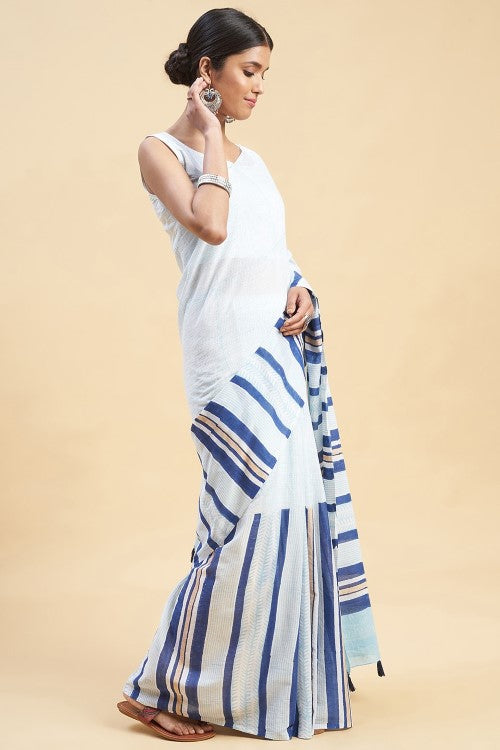 Sooti Syahi " Candy Blue Stripes'' Block Printed Cotton Saree
