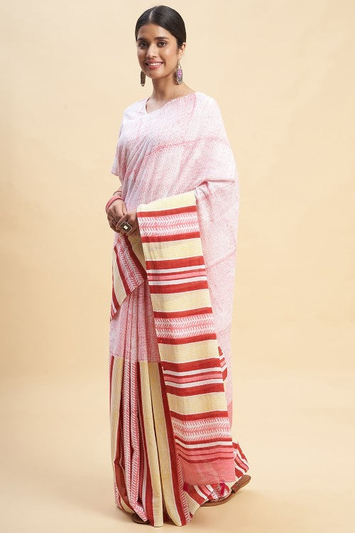 Sooti Syahi Candy Pink Stripes Block Print Cotton Saree Online