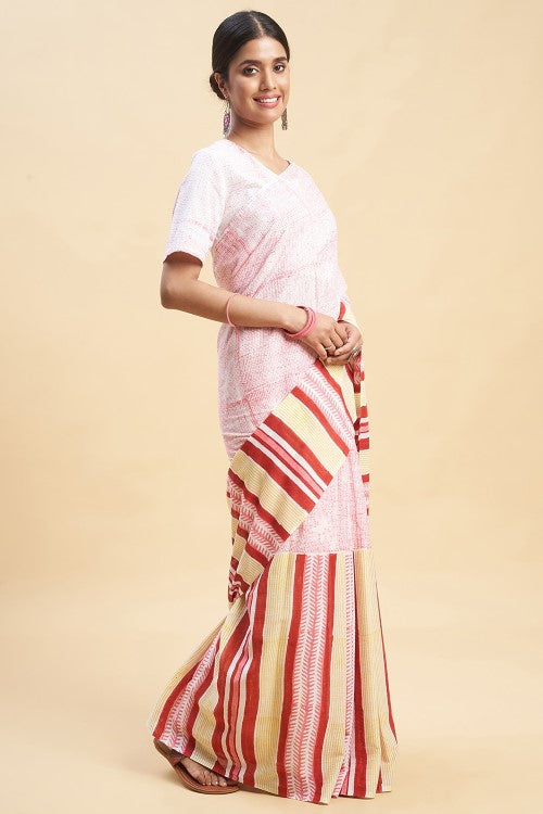 Sooti Syahi Candy Pink Stripes Block Print Cotton Saree Online