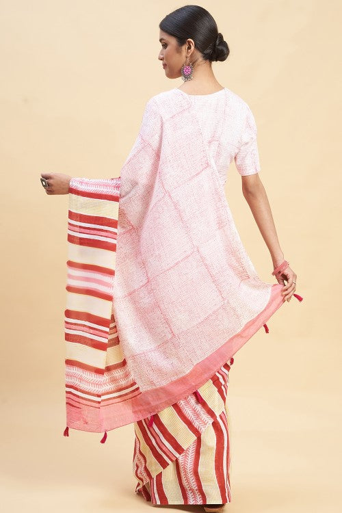 Sooti Syahi " Candy Pink Stripes'' Block Printed Cotton Saree