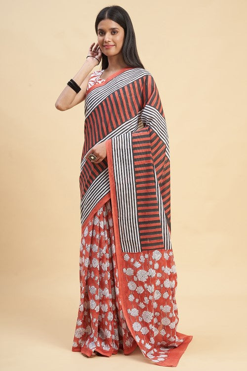 Sooti Syahi Amaryllis Red Block Print Cotton Saree Online