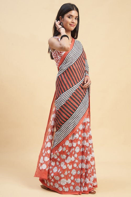 Sooti Syahi "Amaryllis Red'' Block Printed Cotton Saree