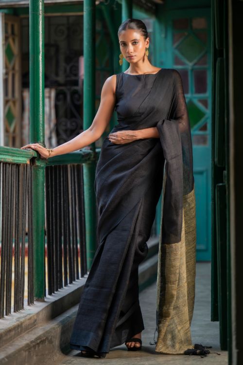 TICH Elegant Handwoven Bengal Linen Saree - Charcoal Dusk