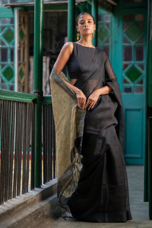 TICH Elegant Handwoven Bengal Linen Saree - Charcoal Dusk