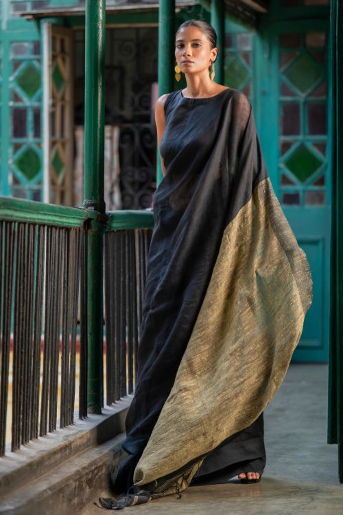 TICH Elegant Handwoven Bengal Linen Saree - Charcoal Dusk